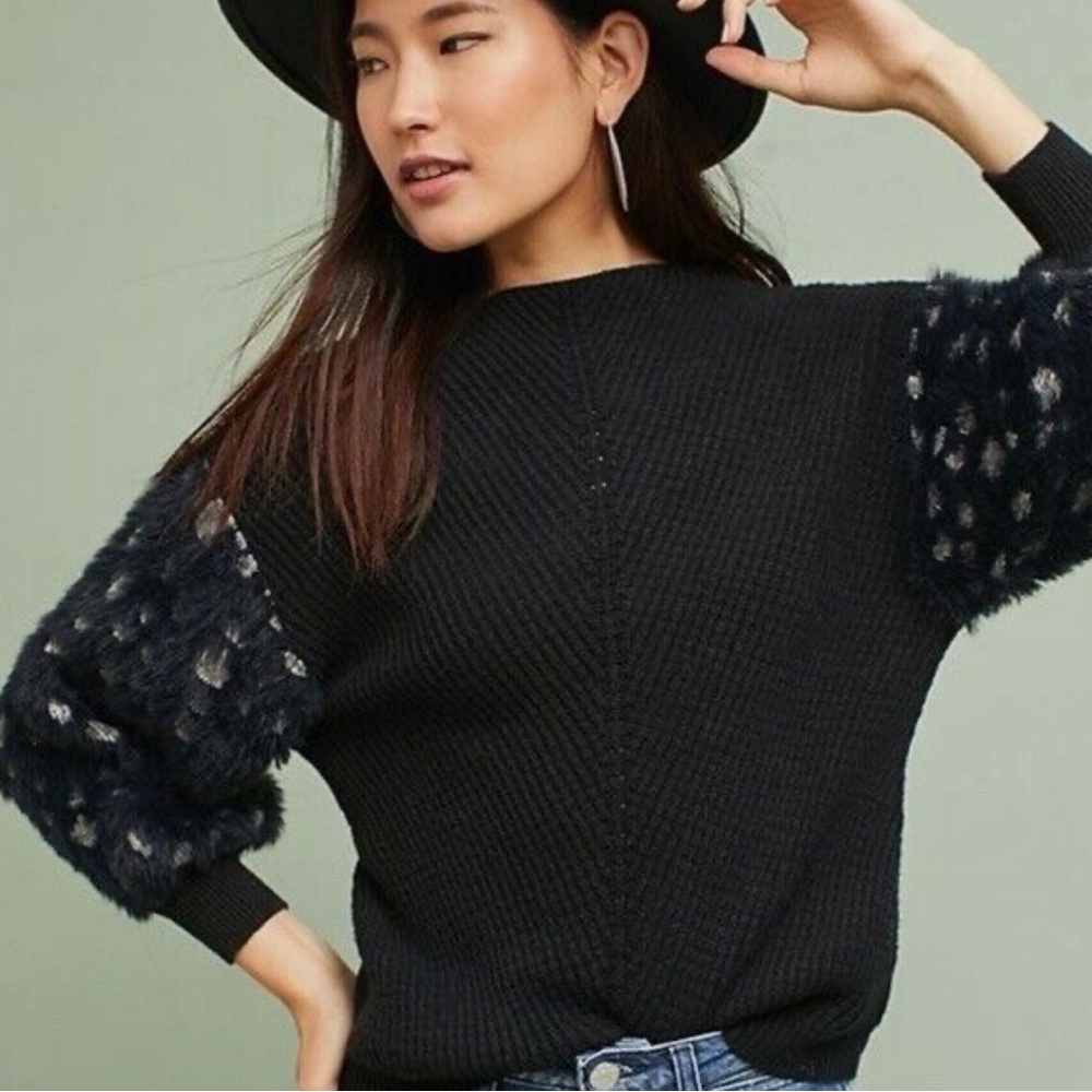 Anthropologie Knitted & Knotted Mock-necked Fuzzy Sleeve Sweater